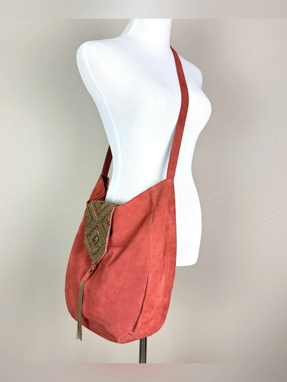 Anthropologie Nadia Suede Beaded Tassel Hobo Crossbody Bag Rust Orange